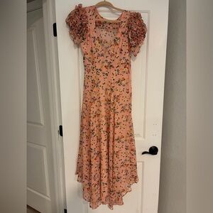 LoveShackFancy Peach Floral Midi Dress
